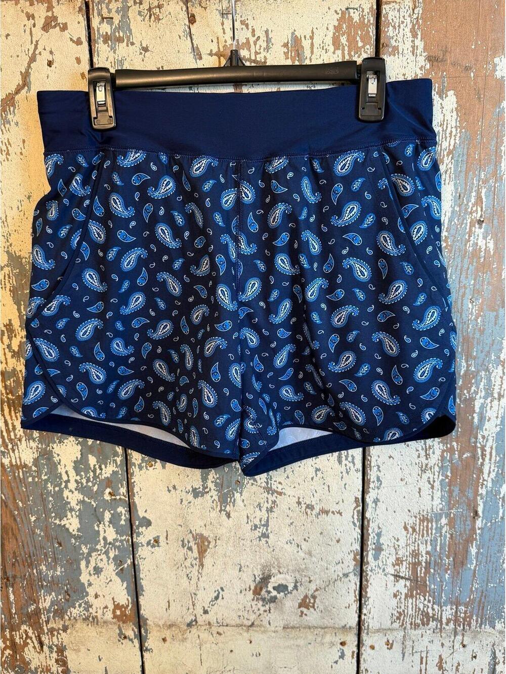 LANDS END Swim Shorts Women 8 Navy Paisley Print 5" Comfort Waist Pockets